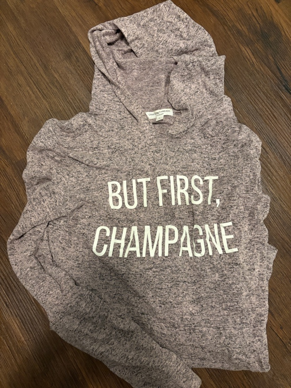 Grayson Threads Heather Mauve 'But First, Champagne' Hooded Pullover